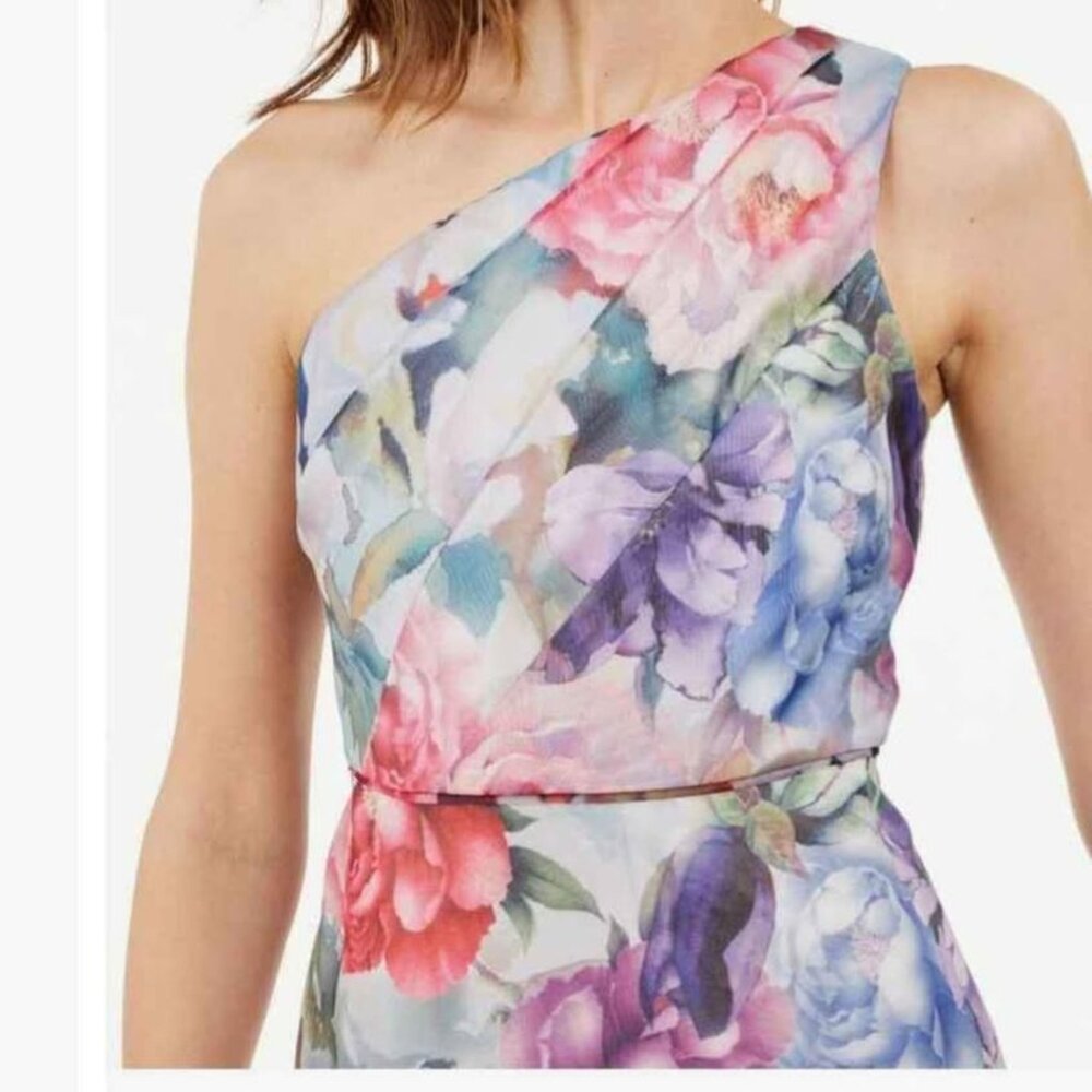 Adrianna Papell One Shoulder Organza Floral Midi Dress, Ivory/Multi, Size 12